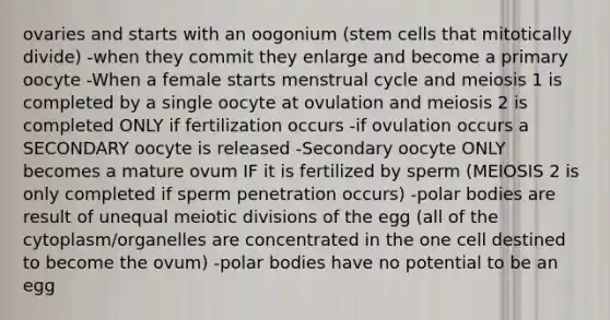 ovaries and starts with an oogonium (stem cells that mitotically divide) -when they commit they enlarge and become a primary oocyte -When a female starts menstrual cycle and meiosis 1 is completed by a single oocyte at ovulation and meiosis 2 is completed ONLY if fertilization occurs -if ovulation occurs a SECONDARY oocyte is released -Secondary oocyte ONLY becomes a mature ovum IF it is fertilized by sperm (MEIOSIS 2 is only completed if sperm penetration occurs) -polar bodies are result of unequal meiotic divisions of the egg (all of the cytoplasm/organelles are concentrated in the one cell destined to become the ovum) -polar bodies have no potential to be an egg