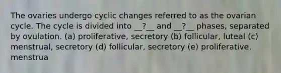 The ovaries undergo cyclic changes referred to as the ovarian cycle. The cycle is divided into __?__ and __?__ phases, separated by ovulation. (a) proliferative, secretory (b) follicular, luteal (c) menstrual, secretory (d) follicular, secretory (e) proliferative, menstrua
