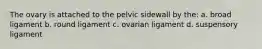 The ovary is attached to the pelvic sidewall by the: a. broad ligament b. round ligament c. ovarian ligament d. suspensory ligament