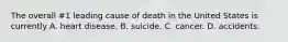 The overall #1 leading cause of death in the United States is currently A. heart disease. B. suicide. C. cancer. D. accidents.