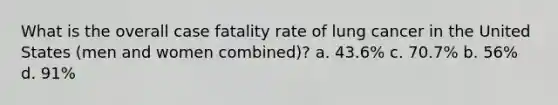 What is the overall case fatality rate of lung cancer in the United States (men and women combined)? a. 43.6% c. 70.7% b. 56% d. 91%