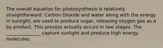 The overall equation for photosynthesis is relatively straightforward: Carbon Dioxide and water along with the energy in sunlight, are used to produce sugar, releasing oxygen gas as a by-product. This process actually occurs in two stages. The _______________ capture sunlight and produce high energy molecules.