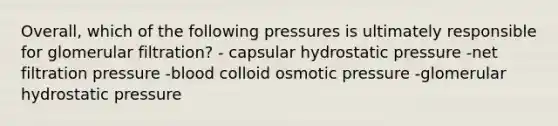 Overall, which of the following pressures is ultimately responsible for glomerular filtration? - capsular hydrostatic pressure -net filtration pressure -blood colloid osmotic pressure -glomerular hydrostatic pressure