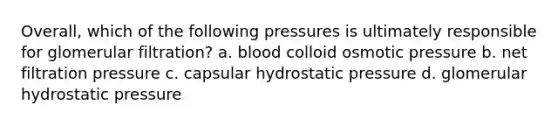 Overall, which of the following pressures is ultimately responsible for glomerular filtration? a. blood colloid osmotic pressure b. net filtration pressure c. capsular hydrostatic pressure d. glomerular hydrostatic pressure