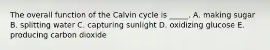 The overall function of the Calvin cycle is _____. A. making sugar B. splitting water C. capturing sunlight D. oxidizing glucose E. producing carbon dioxide