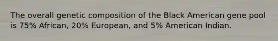 The overall genetic composition of the Black American gene pool is 75% African, 20% European, and 5% American Indian.