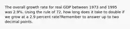 The overall growth rate for real GDP between 1973 and 1995 was 2.9%. Using the rule of 72, how long does it take to double if we grow at a 2.9 percent rate?Remember to answer up to two decimal points.