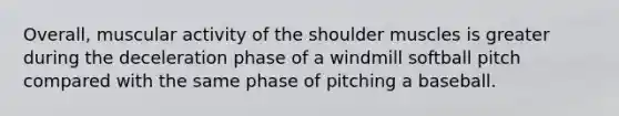 Overall, muscular activity of the shoulder muscles is greater during the deceleration phase of a windmill softball pitch compared with the same phase of pitching a baseball.