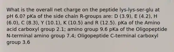 What is the overall net charge on the peptide lys-lys-ser-glu at pH 6.0? pKa of the side chain R-groups are: D (3.9), E (4.2), H (6.0), C (8.3), Y (10.1), K (10.5) and R (12.5). pKa of the Amino acid carboxyl group 2.1; amino group 9.6 pKa of the Oligopeptide N-terminal amino group 7.4; Oligopeptide C-terminal carboxyl group 3.6