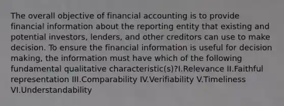 The overall objective of financial accounting is to provide financial information about the reporting entity that existing and potential investors, lenders, and other creditors can use to make decision. To ensure the financial information is useful for decision making, the information must have which of the following fundamental qualitative characteristic(s)?I.Relevance II.Faithful representation III.Comparability IV.Verifiability V.Timeliness VI.Understandability