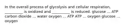 In the overall process of glycolysis and cellular respiration, __________ is oxidized and __________ is reduced. glucose ... ATP carbon dioxide ... water oxygen ... ATP ATP ... oxygen glucose ... oxygen