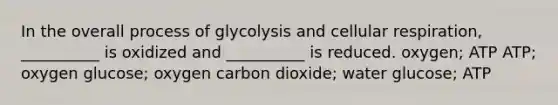 In the overall process of glycolysis and cellular respiration, __________ is oxidized and __________ is reduced. oxygen; ATP ATP; oxygen glucose; oxygen carbon dioxide; water glucose; ATP