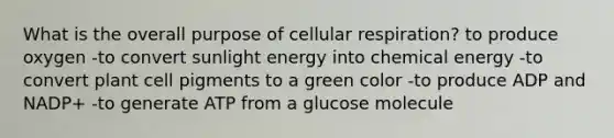 What is the overall purpose of cellular respiration? to produce oxygen -to convert sunlight energy into chemical energy -to convert plant cell pigments to a green color -to produce ADP and NADP+ -to generate ATP from a glucose molecule