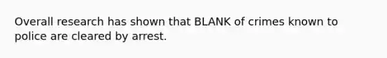 Overall research has shown that BLANK of crimes known to police are cleared by arrest.