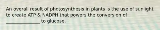 An overall result of photosynthesis in plants is the use of sunlight to create ATP & NADPH that powers the conversion of _______________ to glucose.