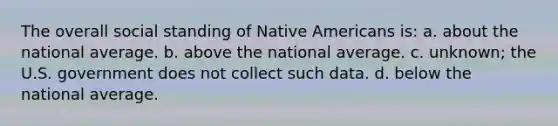 The overall social standing of Native Americans is: a. about the national average. b. above the national average. c. unknown; the U.S. government does not collect such data. d. below the national average.