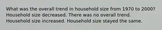 What was the overall trend in household size from 1970 to 2000? Household size decreased. There was no overall trend. Household size increased. Household size stayed the same.