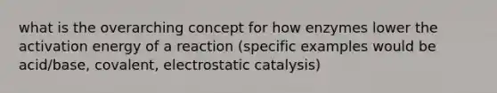 what is the overarching concept for how enzymes lower the activation energy of a reaction (specific examples would be acid/base, covalent, electrostatic catalysis)