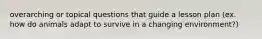 overarching or topical questions that guide a lesson plan (ex. how do animals adapt to survive in a changing environment?)