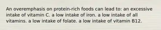 An overemphasis on protein-rich foods can lead to:​ ​an excessive intake of vitamin C. ​a low intake of iron. ​a low intake of all vitamins. ​a low intake of folate. ​a low intake of vitamin B12.