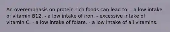 An overemphasis on protein-rich foods can lead to:​ ​- a low intake of vitamin B12. ​- a low intake of iron. - excessive intake of vitamin C. - ​a low intake of folate. ​- a low intake of all vitamins.