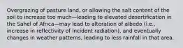 Overgrazing of pasture land, or allowing the salt content of the soil to increase too much—leading to elevated desertification in the Sahel of Africa—may lead to alteration of albedo (i.e., increase in reflectivity of incident radiation), and eventually changes in weather patterns, leading to less rainfall in that area.