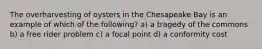 The overharvesting of oysters in the Chesapeake Bay is an example of which of the following? a) a tragedy of the commons b) a free rider problem c) a focal point d) a conformity cost