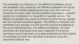 The overhead cost variance is: The difference between actual and budgeted cost caused by the difference between the actual price per unit and the budgeted price per unit. The cost that should be incurred under normal conditions to produce a specific product (or component) or to perform a specific service. The difference between the actual overhead incurred during a period and the standard overhead applied. The difference between the overhead costs actually incurred and the overhead budgeted at the actual operating level. The difference between the total overhead cost that would have been expected if the actual operating volume had been accurately predicted and the amount of overhead cost that was allocated to products using the standard overhead rate.