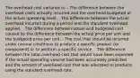 The overhead cost variance is: - The difference between the overhead costs actually incurred and the overhead budgeted at the actual operating level. - The difference between the actual overhead incurred during a period and the standard overhead applied. - The difference between actual and budgeted cost caused by the difference between the actual price per unit and the budgeted price per unit. - The cost that should be incurred under normal conditions to produce a specific product (or component) or to perform a specific service. - The difference between the total overhead cost that would have been expected if the actual operating volume had been accurately predicted and the amount of overhead cost that was allocated to products using the standard overhead rate.