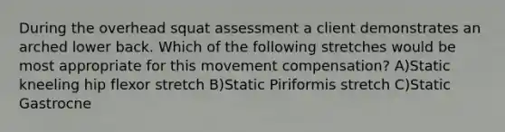 During the overhead squat assessment a client demonstrates an arched lower back. Which of the following stretches would be most appropriate for this movement compensation? A)Static kneeling hip flexor stretch B)Static Piriformis stretch C)Static Gastrocne