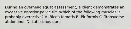 During an overhead squat assessment, a client demonstrates an excessive anterior pelvic tilt. Which of the following muscles is probably overactive? A. Bicep femoris B. Piriformis C. Transverse abdominus D. Latissimus dorsi