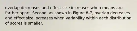 overlap decreases and effect size increases when means are farther apart. Second, as shown in Figure 8-7, overlap decreases and effect size increases when variability within each distribution of scores is smaller.