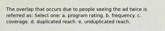 The overlap that occurs due to people seeing the ad twice is referred as: Select one: a. program rating. b. frequency. c. coverage. d. duplicated reach. e. unduplicated reach.