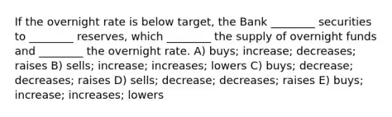 If the overnight rate is below target, the Bank ________ securities to ________ reserves, which ________ the supply of overnight funds and ________ the overnight rate. A) buys; increase; decreases; raises B) sells; increase; increases; lowers C) buys; decrease; decreases; raises D) sells; decrease; decreases; raises E) buys; increase; increases; lowers