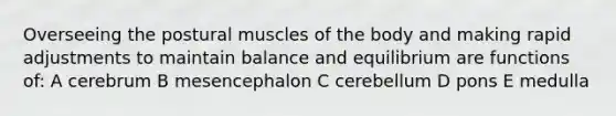 Overseeing the postural muscles of the body and making rapid adjustments to maintain balance and equilibrium are functions of: A cerebrum B mesencephalon C cerebellum D pons E medulla