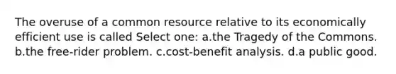 The overuse of a common resource relative to its economically efficient use is called Select one: a.the Tragedy of the Commons. b.the free-rider problem. c.cost-benefit analysis. d.a public good.