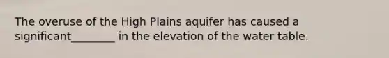 The overuse of the High Plains aquifer has caused a significant________ in the elevation of <a href='https://www.questionai.com/knowledge/kra6qgcwqy-the-water-table' class='anchor-knowledge'>the water table</a>.