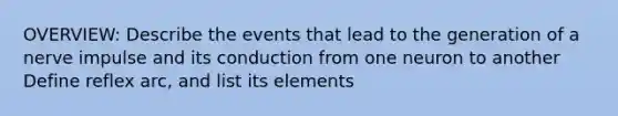 OVERVIEW: Describe the events that lead to the generation of a nerve impulse and its conduction from one neuron to another Define reflex arc, and list its elements