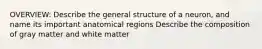 OVERVIEW: Describe the general structure of a neuron, and name its important anatomical regions Describe the composition of gray matter and white matter