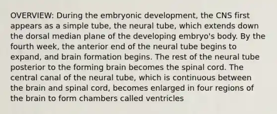 OVERVIEW: During the embryonic development, the CNS first appears as a simple tube, the neural tube, which extends down the dorsal median plane of the developing embryo's body. By the fourth week, the anterior end of the neural tube begins to expand, and brain formation begins. The rest of the neural tube posterior to the forming brain becomes the spinal cord. The central canal of the neural tube, which is continuous between the brain and spinal cord, becomes enlarged in four regions of the brain to form chambers called ventricles