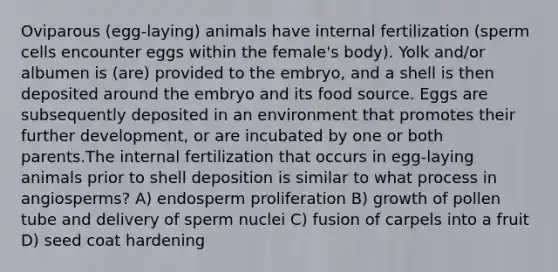 Oviparous (egg-laying) animals have internal fertilization (sperm cells encounter eggs within the female's body). Yolk and/or albumen is (are) provided to the embryo, and a shell is then deposited around the embryo and its food source. Eggs are subsequently deposited in an environment that promotes their further development, or are incubated by one or both parents.The internal fertilization that occurs in egg-laying animals prior to shell deposition is similar to what process in angiosperms? A) endosperm proliferation B) growth of pollen tube and delivery of sperm nuclei C) fusion of carpels into a fruit D) seed coat hardening