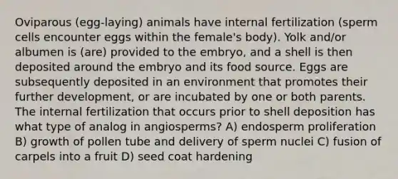 Oviparous (egg-laying) animals have internal fertilization (sperm cells encounter eggs within the female's body). Yolk and/or albumen is (are) provided to the embryo, and a shell is then deposited around the embryo and its food source. Eggs are subsequently deposited in an environment that promotes their further development, or are incubated by one or both parents. The internal fertilization that occurs prior to shell deposition has what type of analog in angiosperms? A) endosperm proliferation B) growth of pollen tube and delivery of sperm nuclei C) fusion of carpels into a fruit D) seed coat hardening