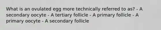 What is an ovulated egg more technically referred to as? - A secondary oocyte - A tertiary follicle - A primary follicle - A primary oocyte - A secondary follicle