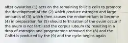 after ovulation (1) acts on the remaining follicle cells to promote the development of the (2) which produce estrogen and large amounts of (3) which then causes the endometrium to become (4) in preparation for (5) should fertilization of the ovum occur if the ovum is not fertilized the corpus luteum (6) resulting in a drop of estrogen and progesterone removed the (8) and the GnRH is produced by the (9) and the cycle begins again