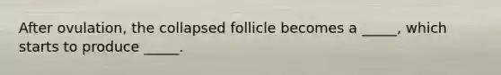 After ovulation, the collapsed follicle becomes a _____, which starts to produce _____.