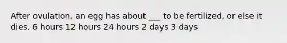 After ovulation, an egg has about ___ to be fertilized, or else it dies. 6 hours 12 hours 24 hours 2 days 3 days