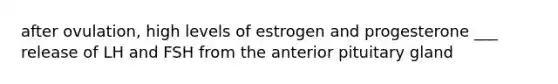 after ovulation, high levels of estrogen and progesterone ___ release of LH and FSH from the anterior pituitary gland