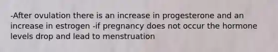 -After ovulation there is an increase in progesterone and an increase in estrogen -if pregnancy does not occur the hormone levels drop and lead to menstruation