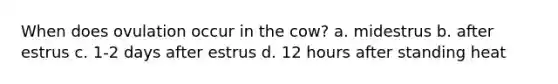 When does ovulation occur in the cow? a. midestrus b. after estrus c. 1-2 days after estrus d. 12 hours after standing heat