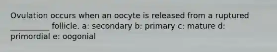 Ovulation occurs when an oocyte is released from a ruptured __________ follicle. a: secondary b: primary c: mature d: primordial e: oogonial